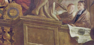 Close-up of Flamsteed, with assistant: notice clock at 9:00pm and scroll with 15 May 1715